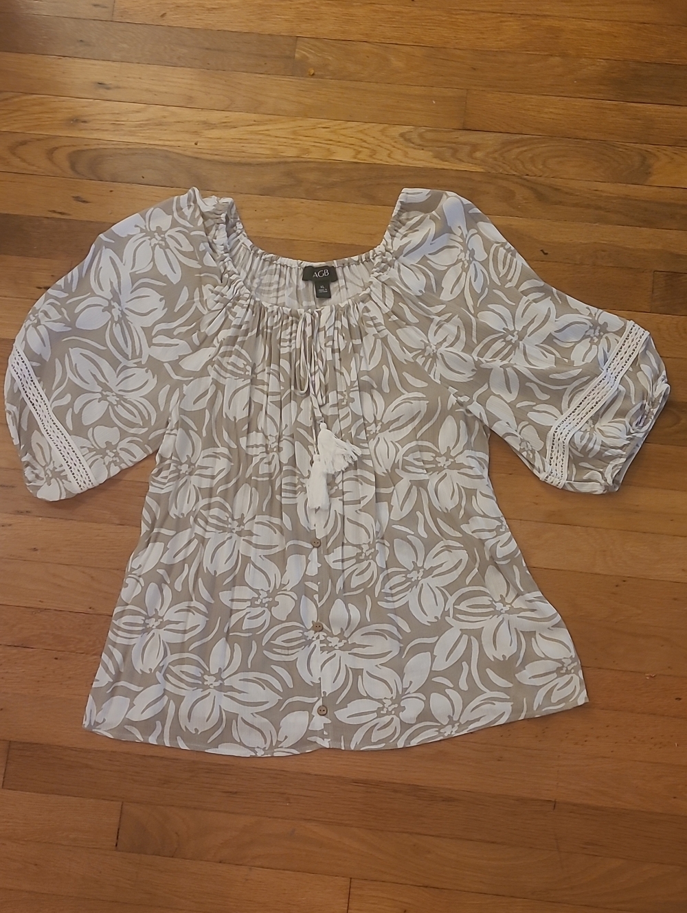 AGB Beige Floral Peasant Blouse with White Print